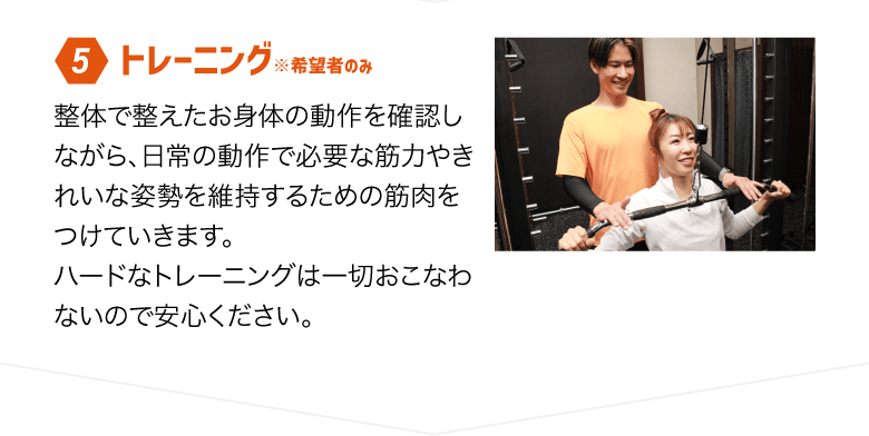 Step5 トレーニング※希望者のみ／整体で整えたお身体の動作を確認しながら、日常の動作で必要な筋力やきれいな姿勢を維持するための筋肉をつけていきます。ハードなトレーニングは一切おこなわないので安心ください。